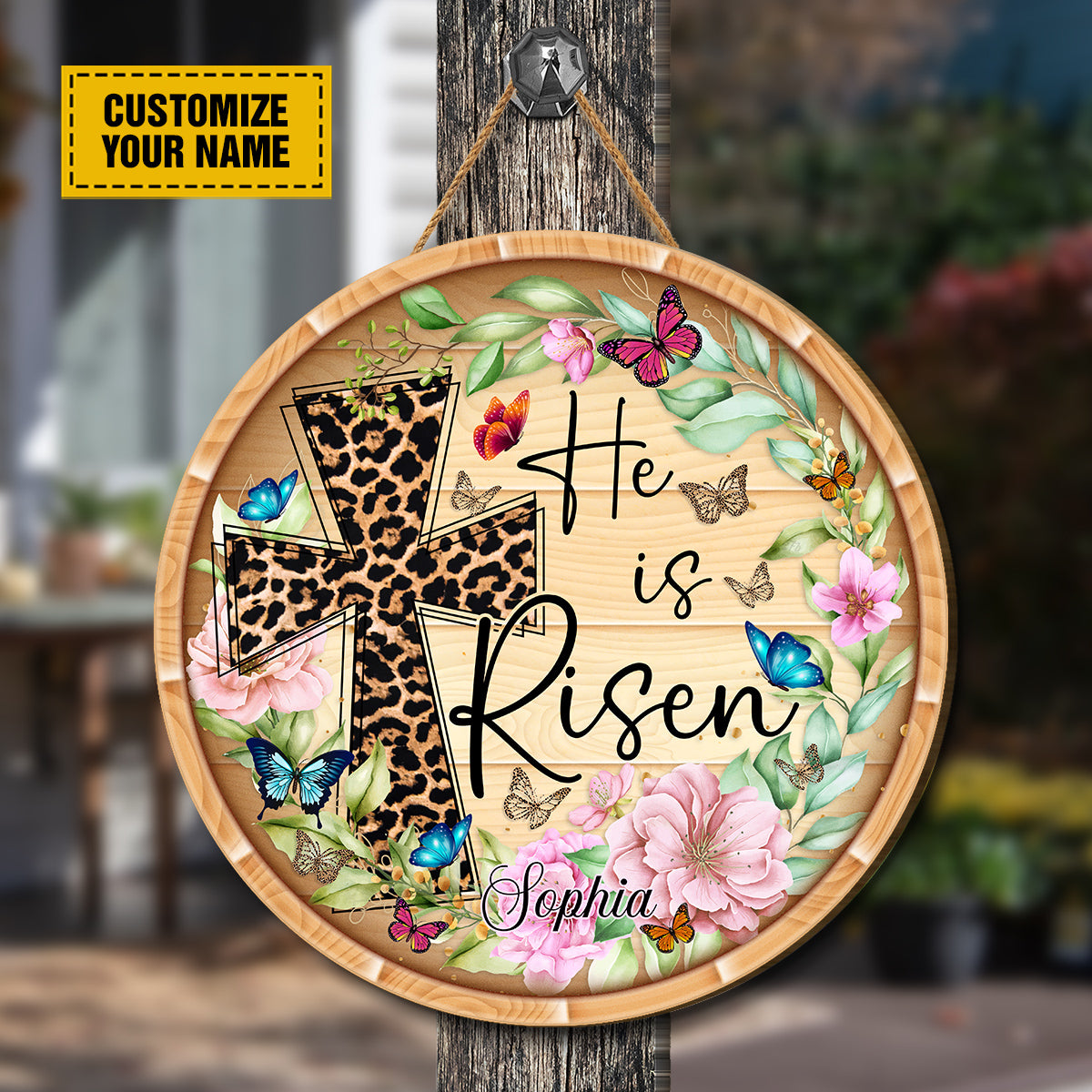 Teesdily | Jesus Leopard Cross Customized Wood Sign Butterfly Floral He Is Risen Door Sign Easter Day Home Decor Ideas Easter Gifts