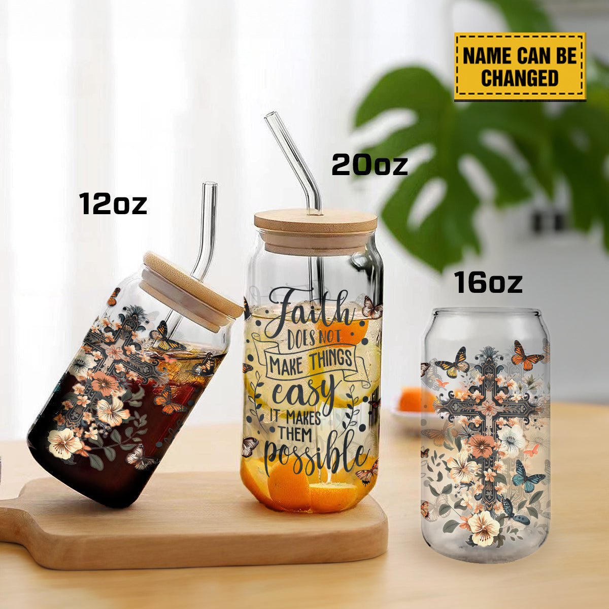 Teesdily | God Cross Flower Glass Can, Faith Does Not Make Things Easy It Makes Them Possible Cup, Jesus Gift, Frosted/ Clear Glass Can With Straw