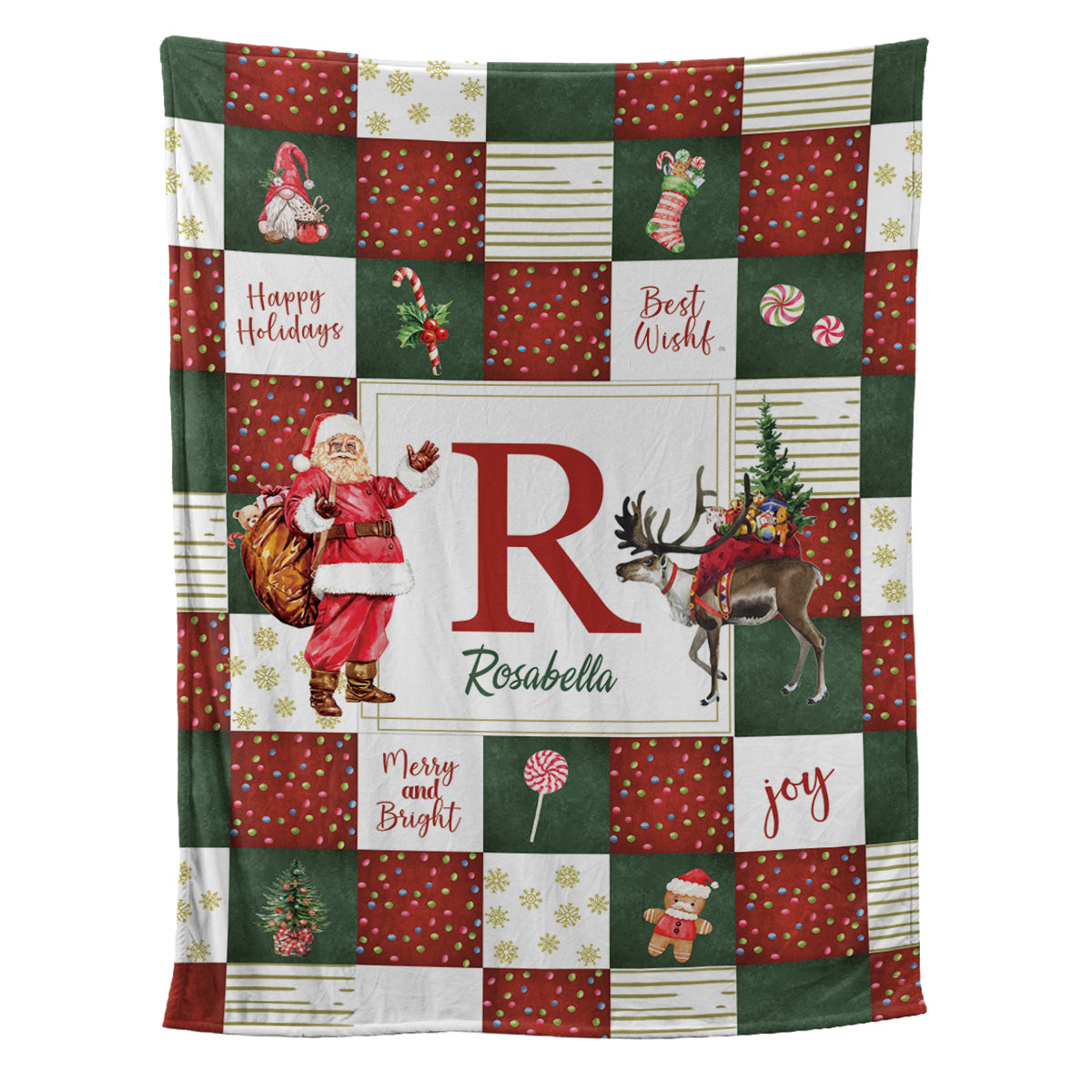 Teesdily | Custom Christmas Monogrammed Blanket Family Adults Kids Personalized Soft Cozy Sherpa Vintage Santa Name Blanket Xmas Holiday Blanket Gift