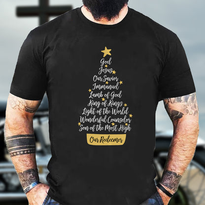 Teesdily | Jesus Name Christmas Tree Shirt, Names Of Jesus Sweatshirt, God Jesus Our Redeemer Star Hoodie Mug, Religious Gift