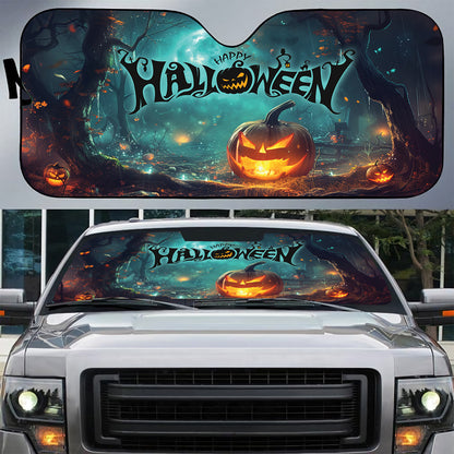 Teesdily | Happy Halloween Car Sunshade, Pumpkin Car Window Sunshade, Halloween Moon Night Windshield Sun Shade, Car Decor, Halloween Gift