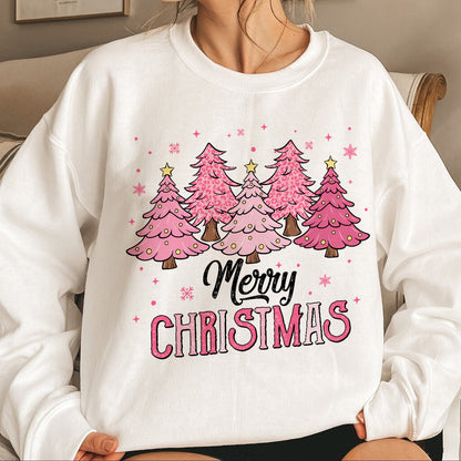 Teesdily | Merry Christmas Shirt, Pink Christmas Tree Sweatshirt, Christmas Vibes Sweater, Holiday Season Hoodie Mug Gift Mom