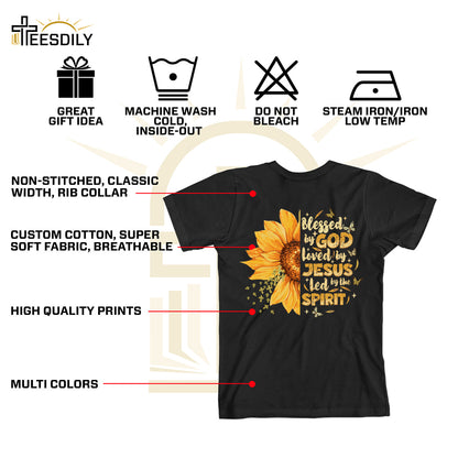 Teesdily | Jesus Christ Sunflower Tshirt, Blessed By God Loved By Jesus Sweatshirt Hoodie Mug, Jesus Cross Butterfly Shirt, Christian Girl Gifts