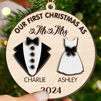 Teesdily | Customized First Christmas Wedding Mr Mrs 3-Layer Wooden Ornament, Newlywed Couple Ornament, Anniversary Christmas Gift