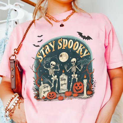 Teesdily | Skeleton Halloween Shirt, Stay Spooky Shirt, Dancing Skeleton Shirt, Retro Halloween Spooky Season Sweatshirt Hoodie Mug, Halloween Gifts