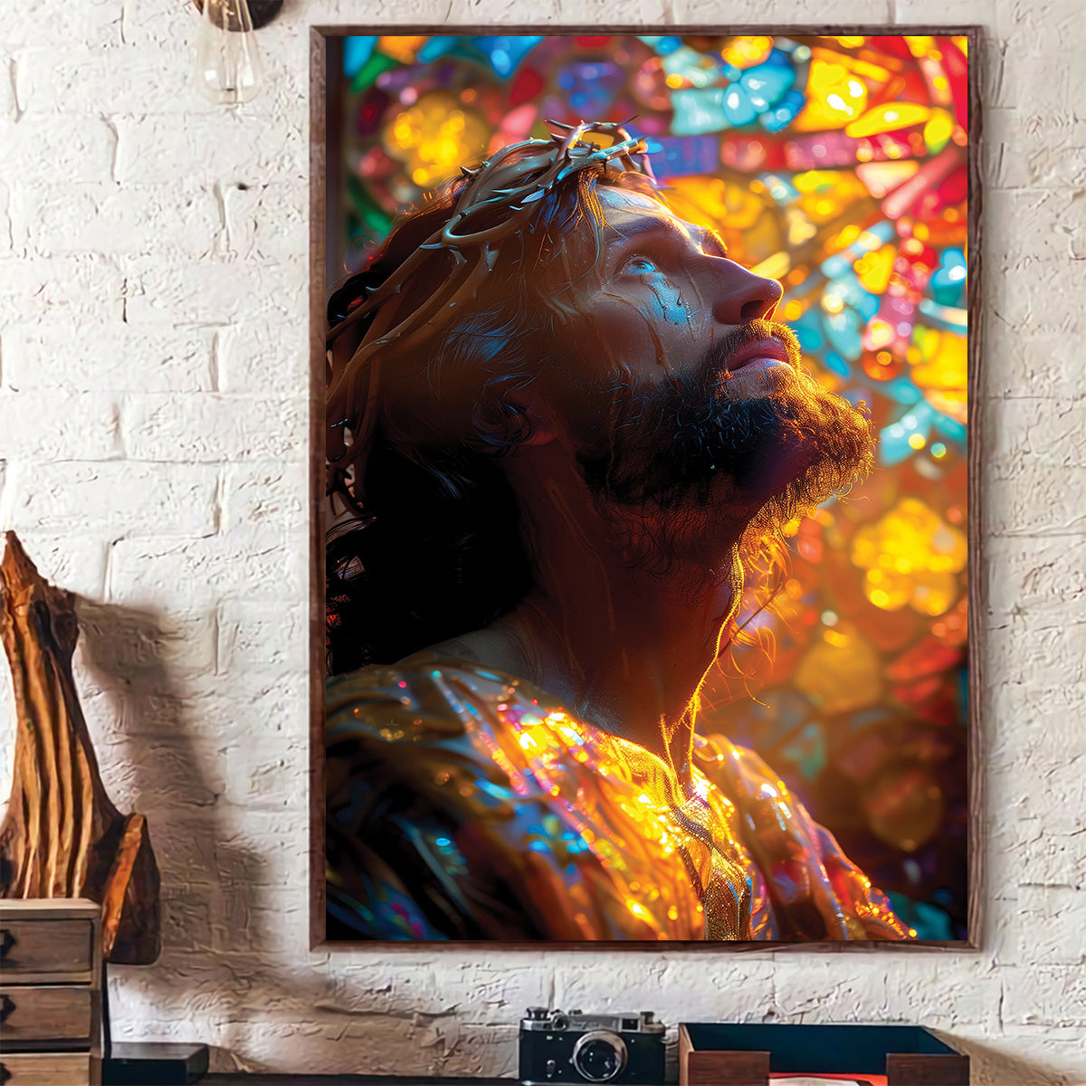 Teesdily | Jesus Portrait Art Stained Glass Design Poster, Christian Home Decor Poster Canvas, Jesus Art Religious Wall Decor, God Believers Gifts