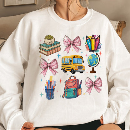 Teesdily | Coquette School Shirt, Back To School Shirts, Teacher Coquette Pink Bow Sweatshirt Hoodie Mug, First Day Of School, Teacher Appreciation