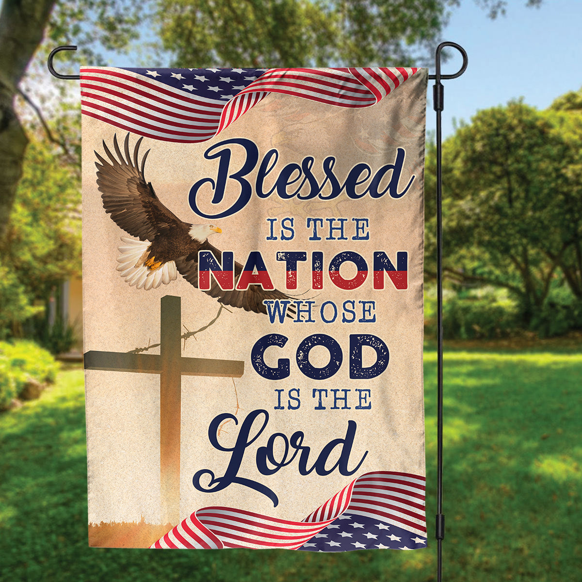 Teesdily | God Cross Eagle American Flag, Blessed Is The Nation House Flag, Independence Day Home Decor, Christian Garden Flag, God Lover Gifts