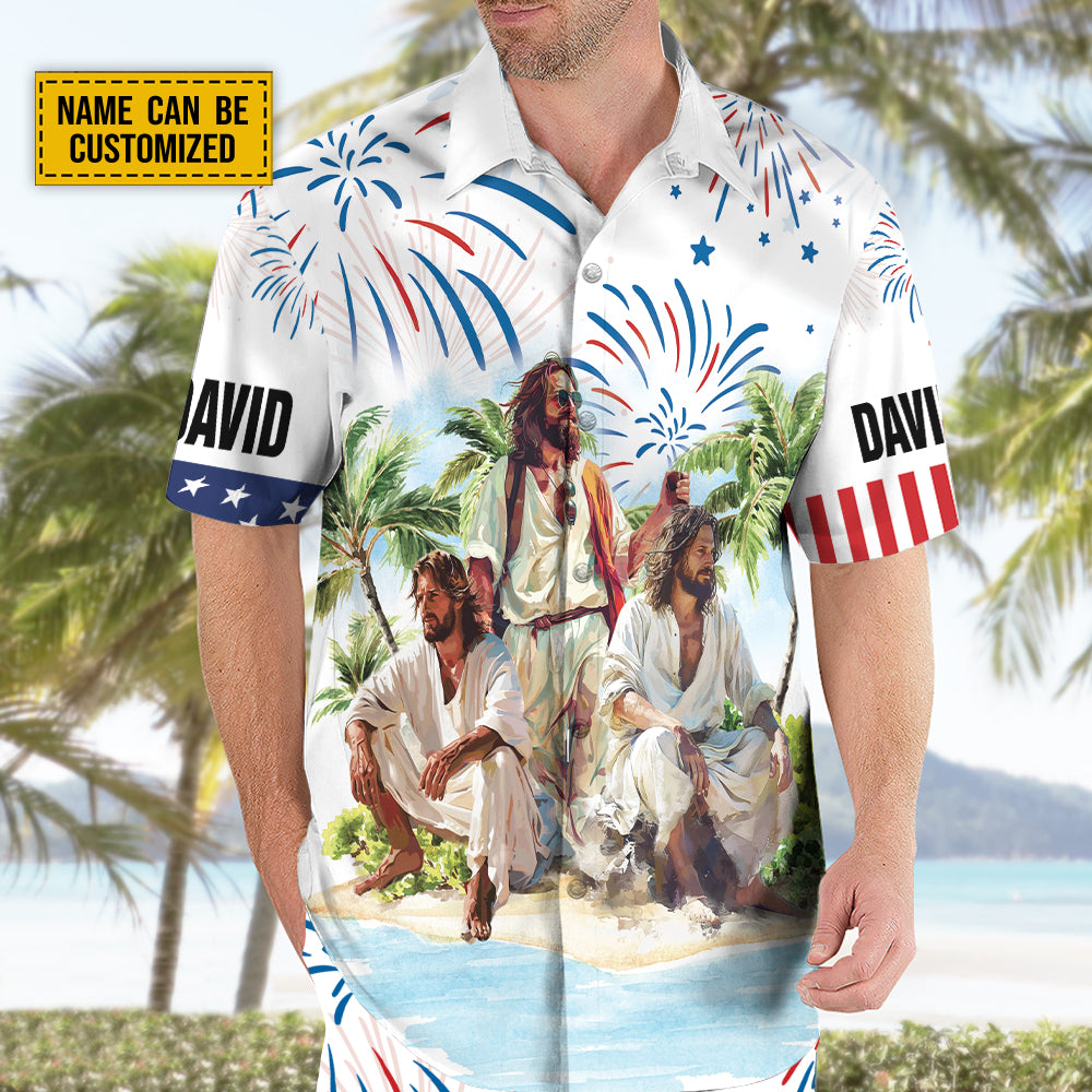 Teesdily | Customized Jesus Summer Beach Hawaiian Shirt, Happy Independence Day Hawaii Set, American Flag Patriot Aloha Outfit Summer Gift For Men