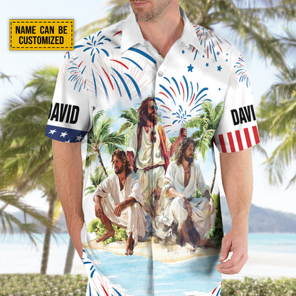 Teesdily | Customized Jesus Summer Beach Hawaiian Shirt, Happy Independence Day Hawaii Set, American Flag Patriot Aloha Outfit Summer Gift For Men