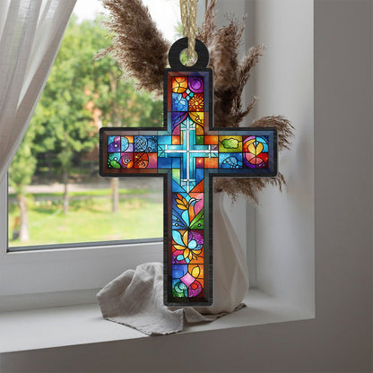 Teesdily | Customized Suncatcher Style, Jesus Cross Suncatcher Christmas Ornament, Xmas Home Decoration, Jesus Lovers Gift, God Faith Believers Gifts