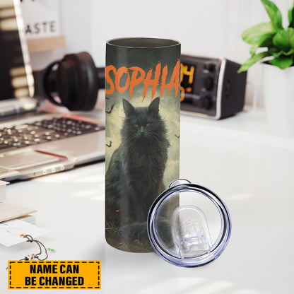 Teesdily | Customized Black Cat Pumpkin Skinny Tumbler 20oz, Halloween Cat Tumbler, Cute Halloween Cat Mug, Pumpkins Cat Tumbler, Cat Lover Gift