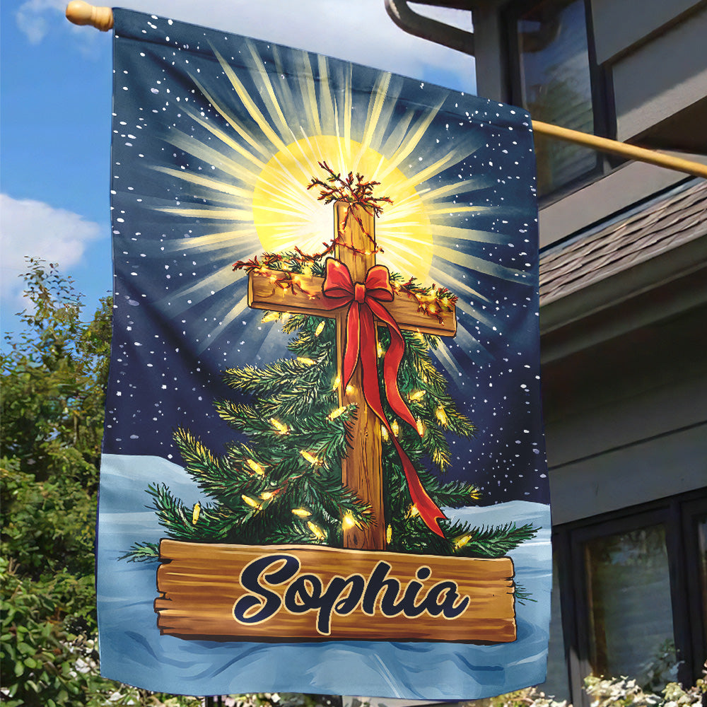 Teesdily | Customized Jesus Christmas Tree Flag, Christ Cross Light Garden Flag, Christmas Bow Religious House Flag Yard Decor