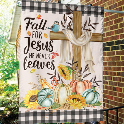 Teesdily | Jesus Cross Thanksgiving House Flag Fall For Jesus He Never Leaves Outdoor Flag Buffalo Plaid Pumpkins Yard Flags Farmhouse Holiday Decor