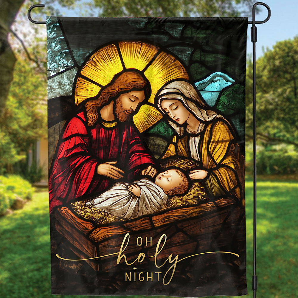 Teesdily | Christmas Jesus Nativity O Holy Night Garden Flag, Christian Christmas Scene Stained Glass Print House Flag Decor Yard