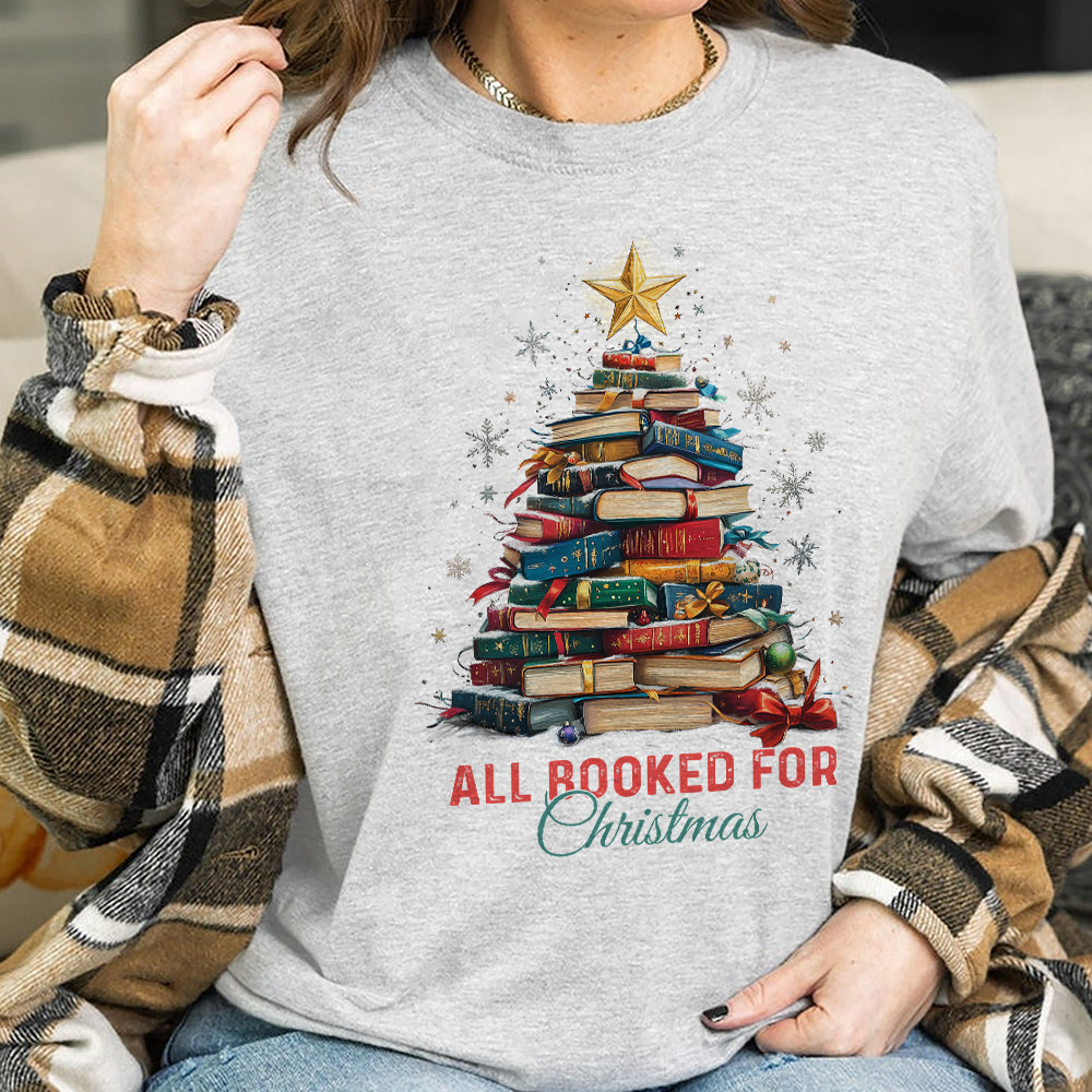 Teesdily | All Booked For Christmas Shirt, Bookworm Christmas Sweatshirt, Bookish Hoodie Mug, Gift For Librarian Book Lover