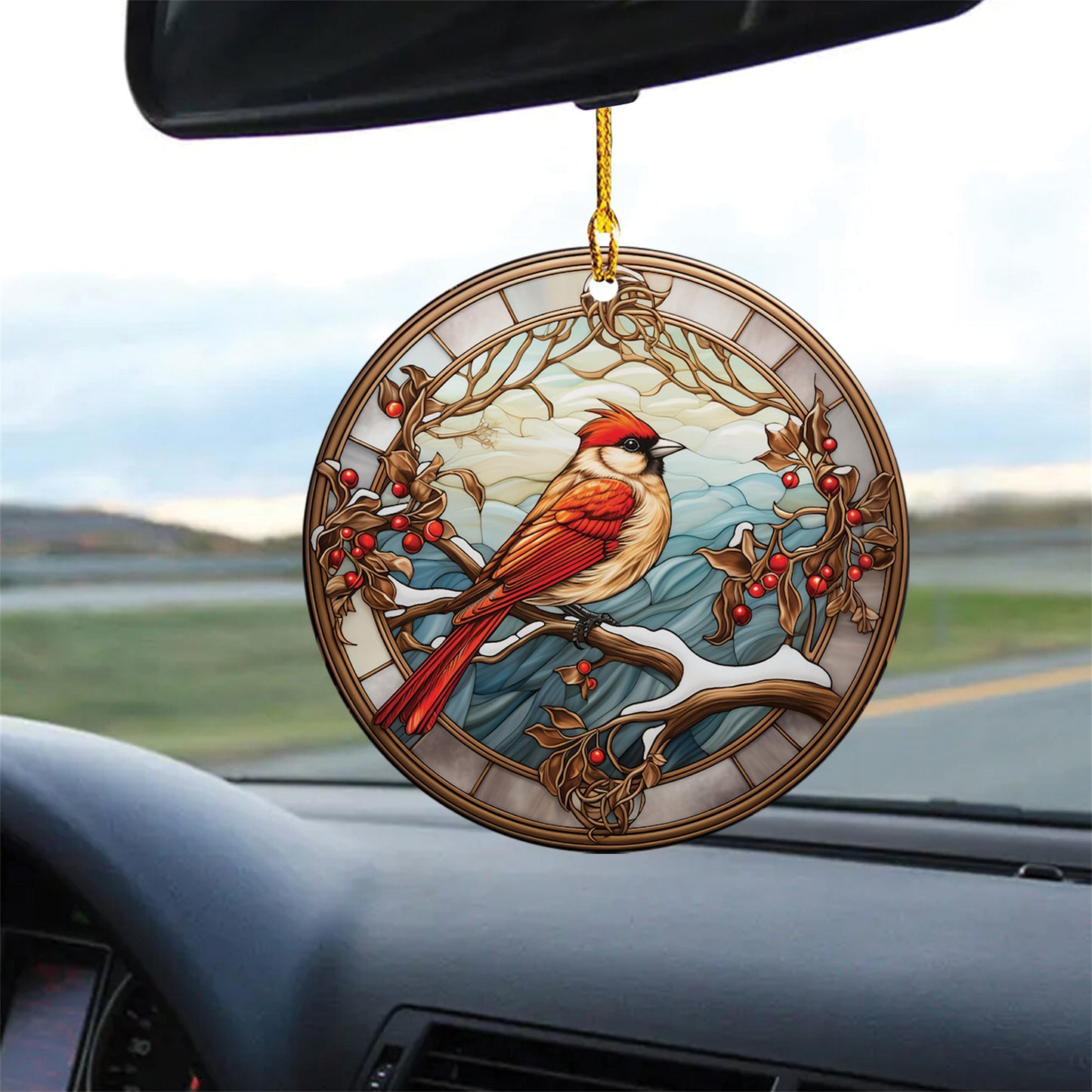 Teesdily | Cardinal Stained Glass Print Ceramic Ornament, Cardinal Bird Art Acrylic Ornament, Jesus Christ Theme Car Ornaments, Christmas Gifts