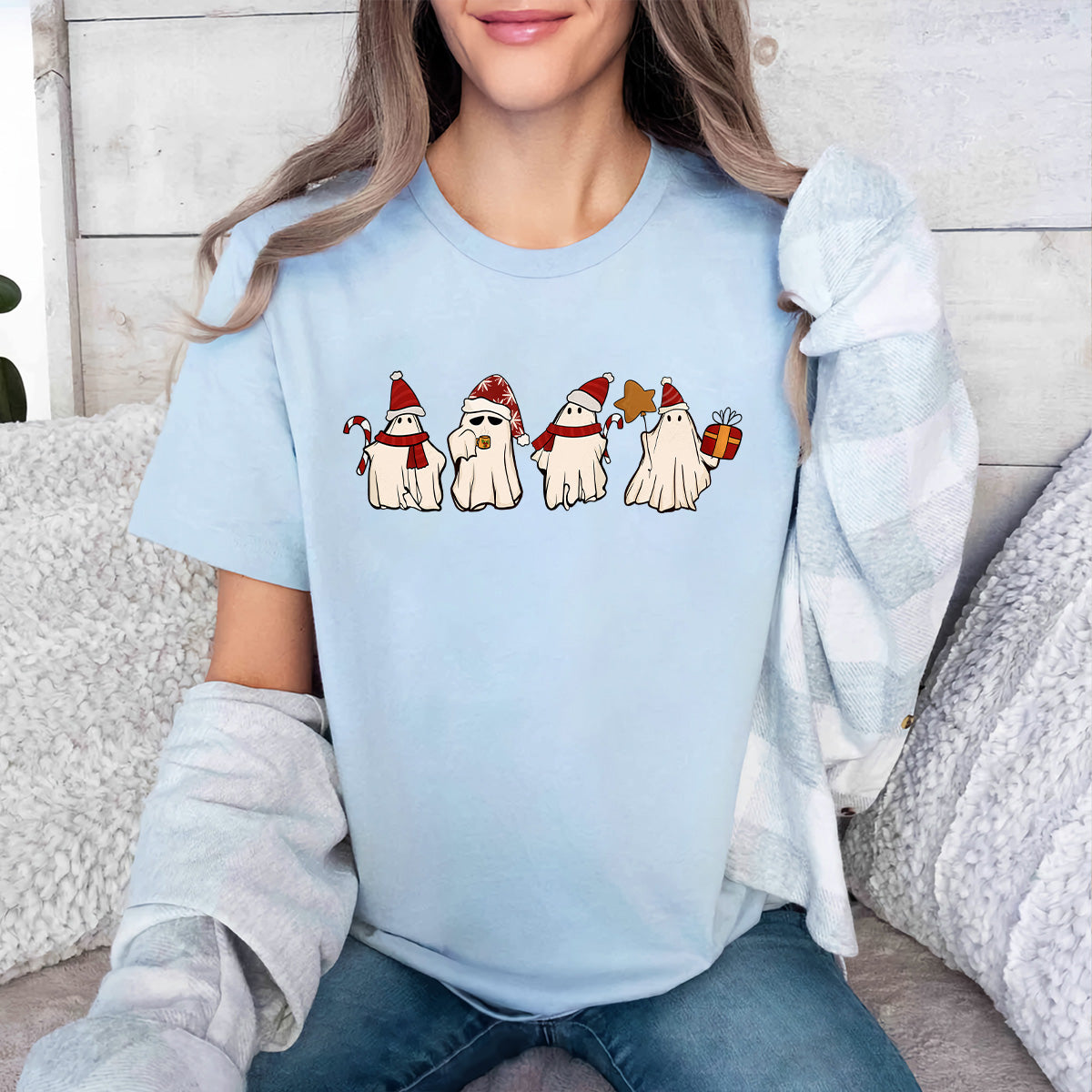 Teesdily | Retro Ghost Santa Shirt, Christmas Ghosts Sweatshirt, Cute Ghost Christmas Sweatshirt, Ghost Hoodies Mug