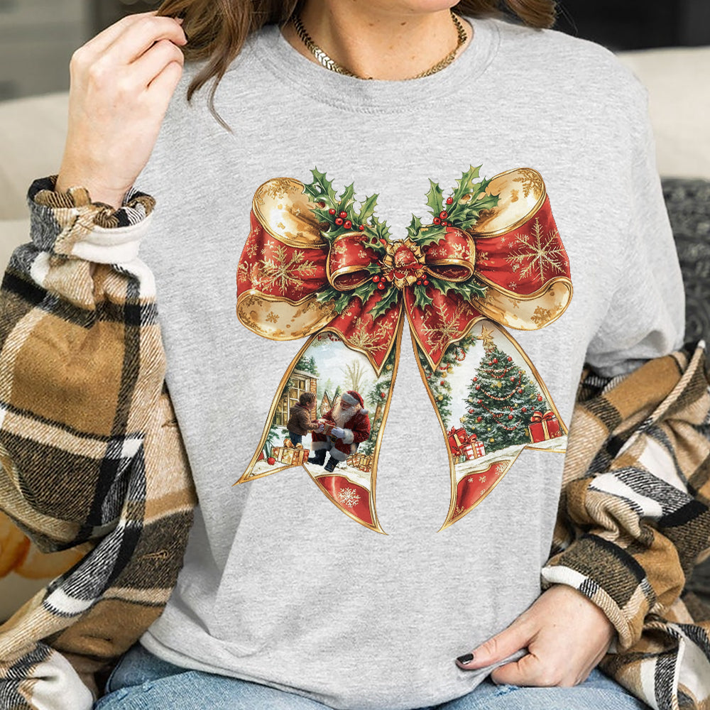 Teesdily | Coquette Bow Christmas Shirt, Merry Christmas Red Coquette Sweatshirt, Santa Claus And Children Hoodie Mug Xmas Gift