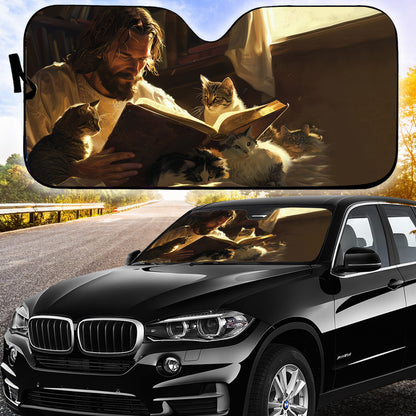 Teesdily | Jesus And Cats Sunshade, God Reading Bible Book Auto Sunshade, UV Protector Shields Auto, Christ Car Windshield Sunshade, Cat Lover Gifts