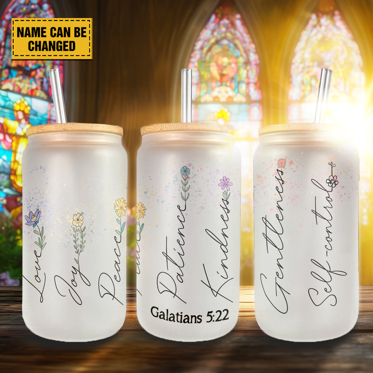 Teesdily | Custom Jesus Wildflower Glass Can, Love Joy Peace Patience Kindness Faithfulness Cup, God Lover Gift, God Frosted Glass Can With Straw