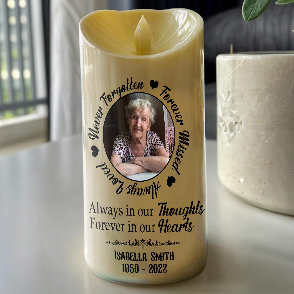 Teesdily | Customized Photo Memorial LED Candle No Battery, Always Loved Forever Missed Remembrance Candle, Memory Christmas Gift