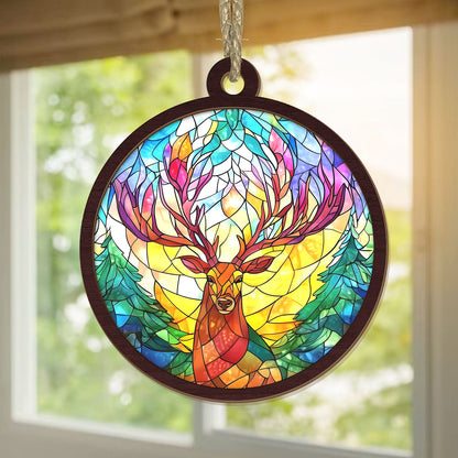 Teesdily | Deer Suncatcher, Deer Stained Glass Suncatcher, Elk Suncatcher Ornament, Deer Christmas 2024 Gift, Ornament Christmas, Deer Lover Gift