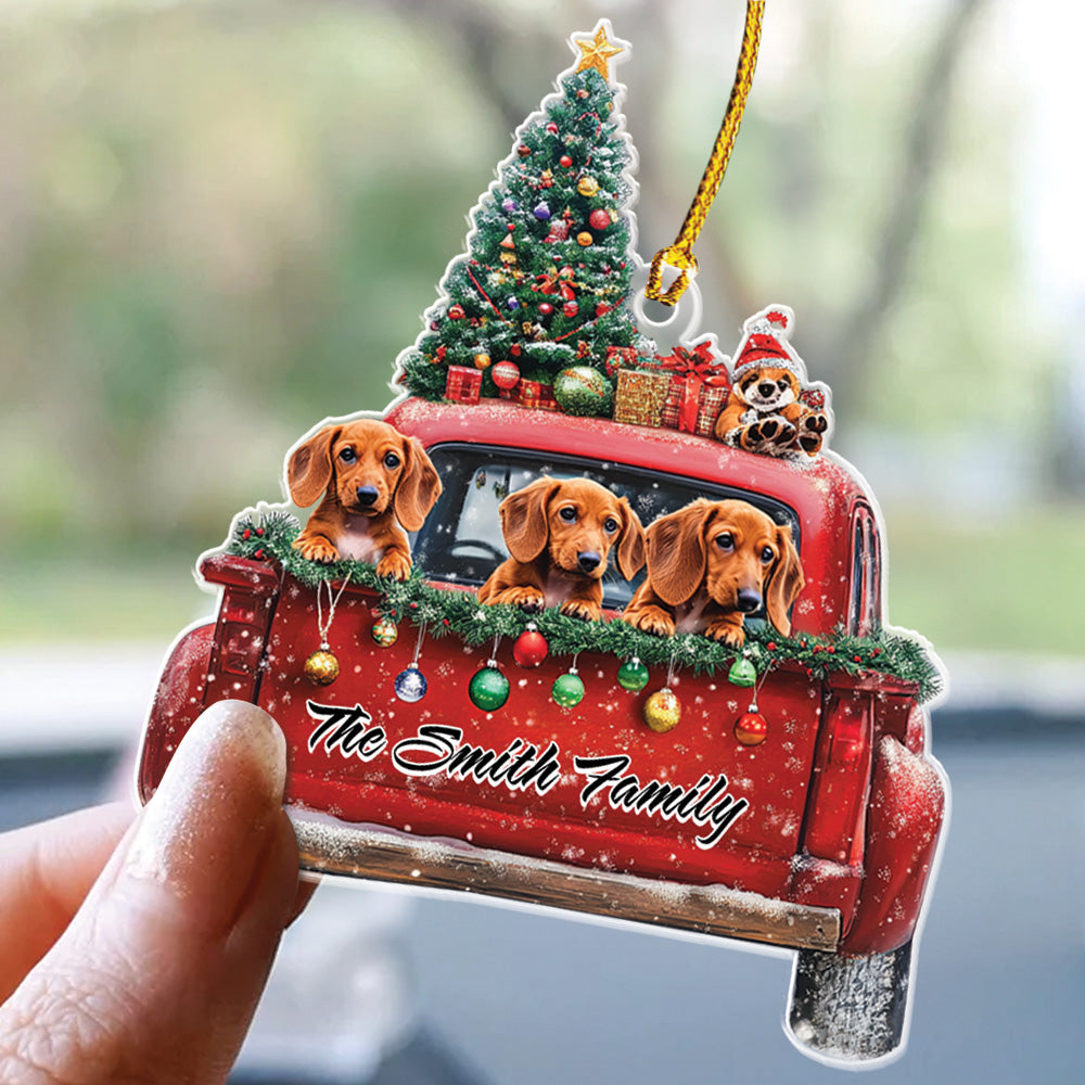 Teesdily | Customized Dachshund Mountain On Red Truck Christmas Ornament, Christmas Dog 2D Ornament, Dog Mom Pet Christmas Gift