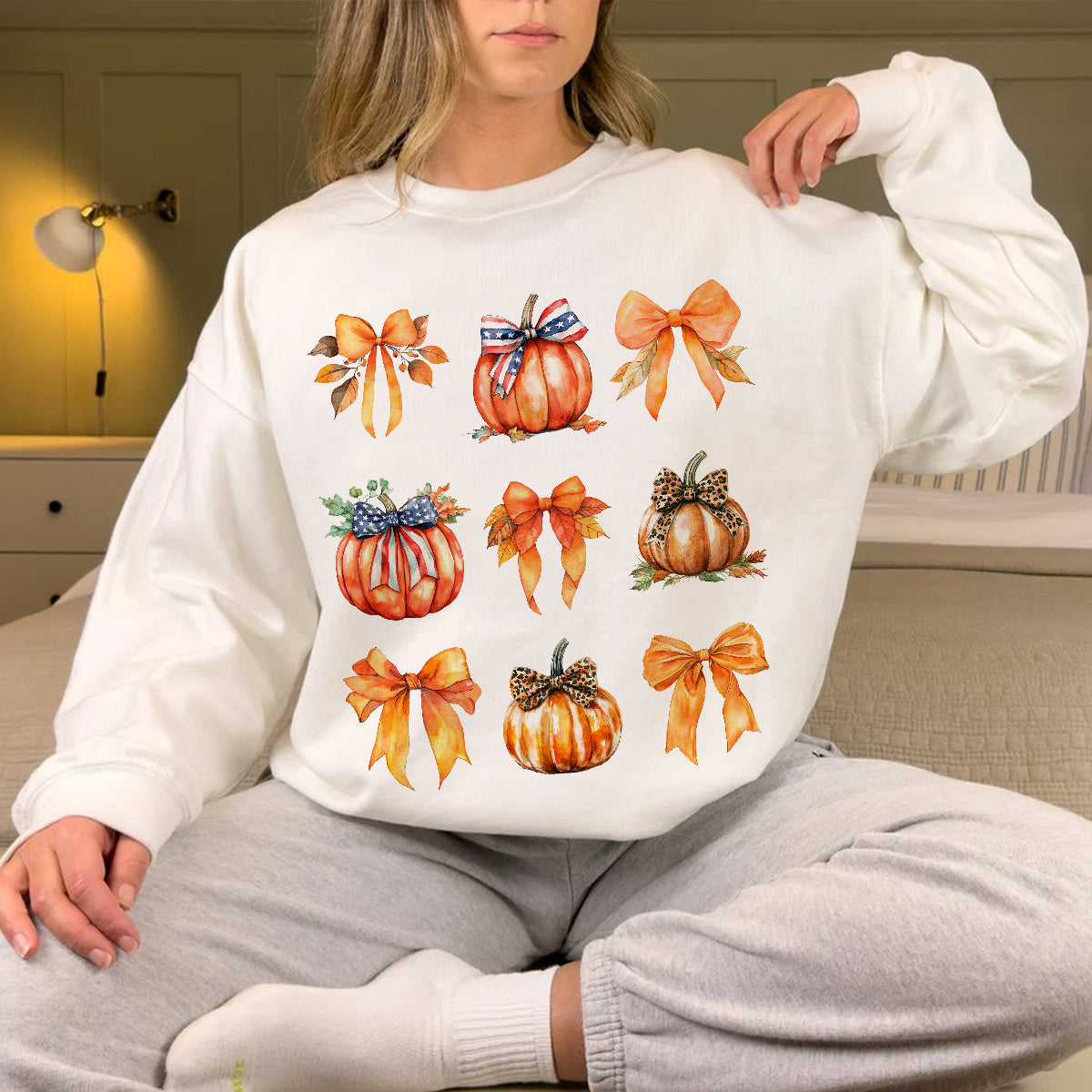 Teesdily | Retro Fall Pumpkin Shirt, Retro Halloween Coquette Bow Spooky Mama Sweatshirt Hoodie Mug, Fall Pumpkin Coquette Bow T-shirt