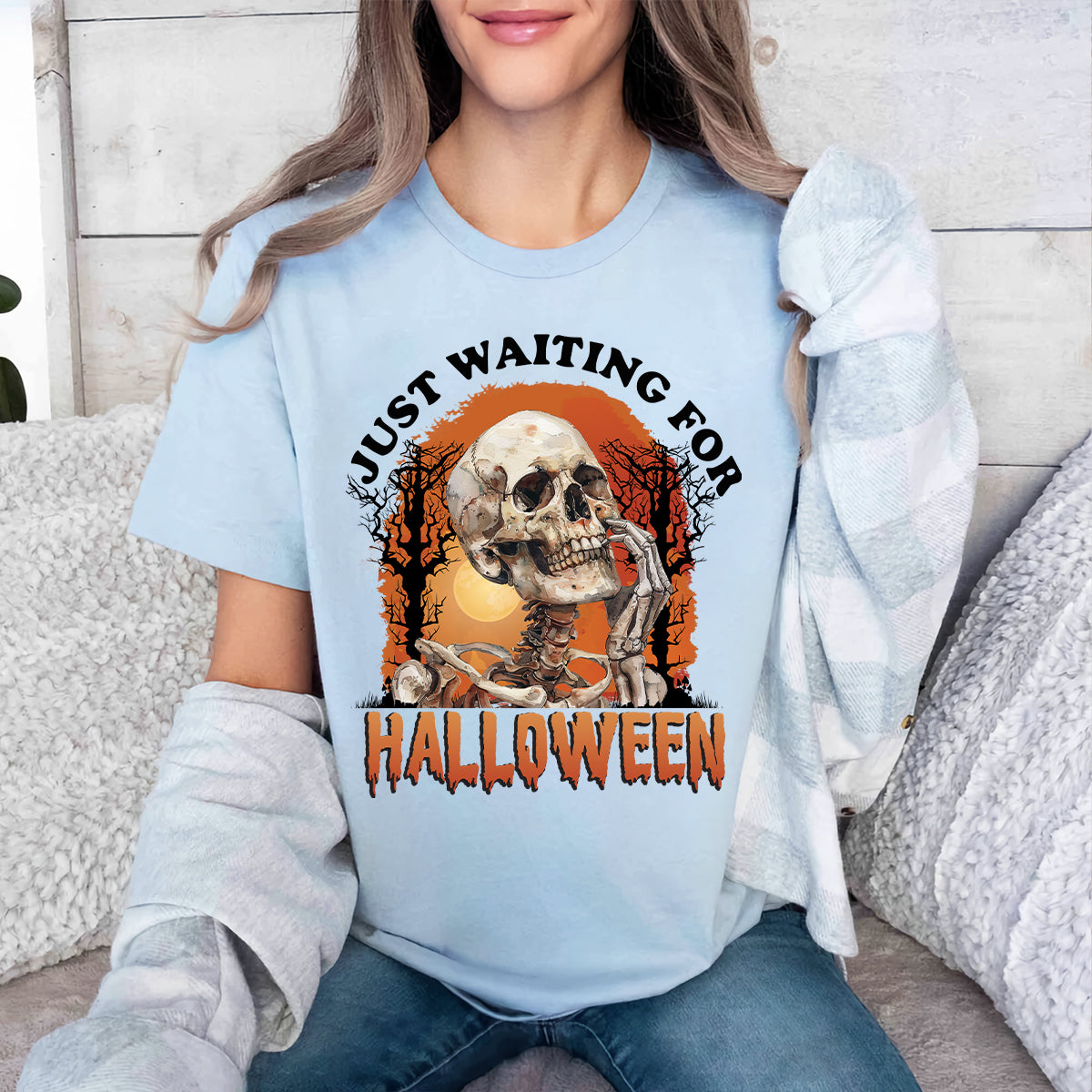 Teesdily | Halloween Cool Skeleton Shirt, Skeleton Just Waiting For Halloween Shirt, Funny Skeleton Sweatshirt Hoodie Mug, Horror Halloween Gifts