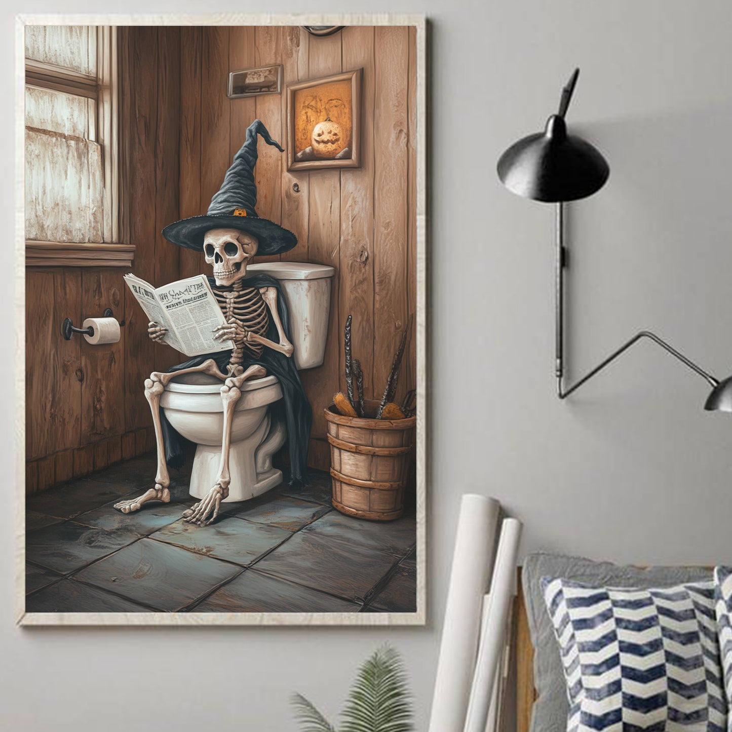 Teesdily | Skeleton On Toilet Art Poster, Halloween Skeleton In Bathroom Canvas, Gothic Skeleton Decor Wall, Funny Skeleton Poster