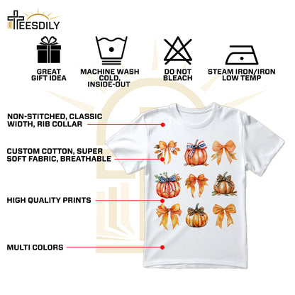 Teesdily | Retro Fall Pumpkin Shirt, Retro Halloween Coquette Bow Spooky Mama Sweatshirt Hoodie Mug, Fall Pumpkin Coquette Bow T-shirt