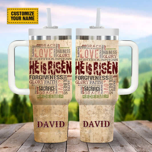 Teesdily | Customized God Bible Verse Vintage Travel Tumbler, He Is Risen Jesus Insulated Cup, Gift For Jesus Lovers 40oz Tumbler With Handle