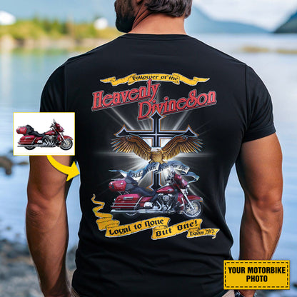 Teesdily | Customized Christian Biker Shirt, Follower Of The Heavenly Divineson Back Design Shirt Sweatshirt Hoodie Mug, Motorcycle Lovers Gifts