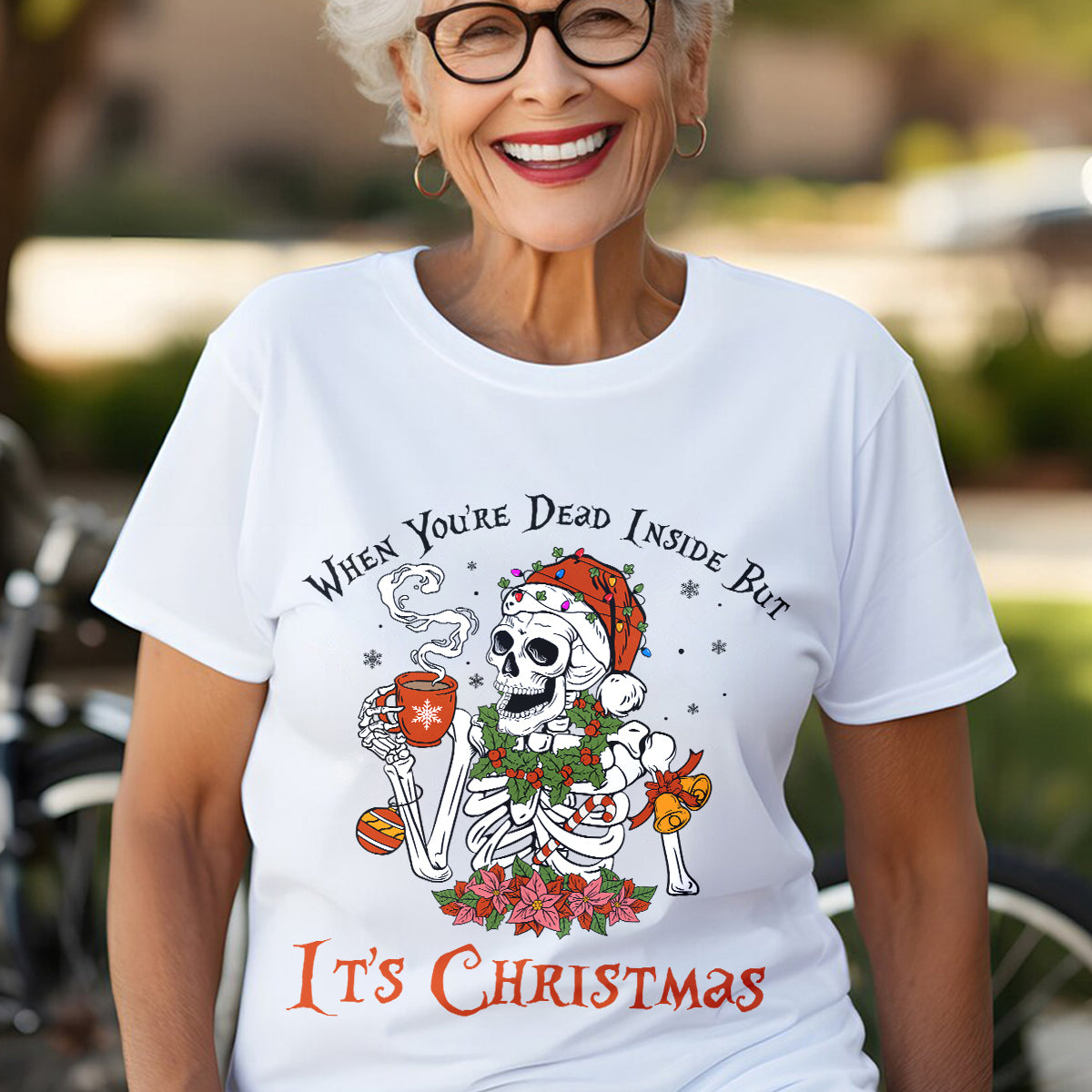 Teesdily | Christmas Skeleton Coffee Shirt, Santa Skull Dead Inside But Its Christmas Sweatshirt Hoodie Mug