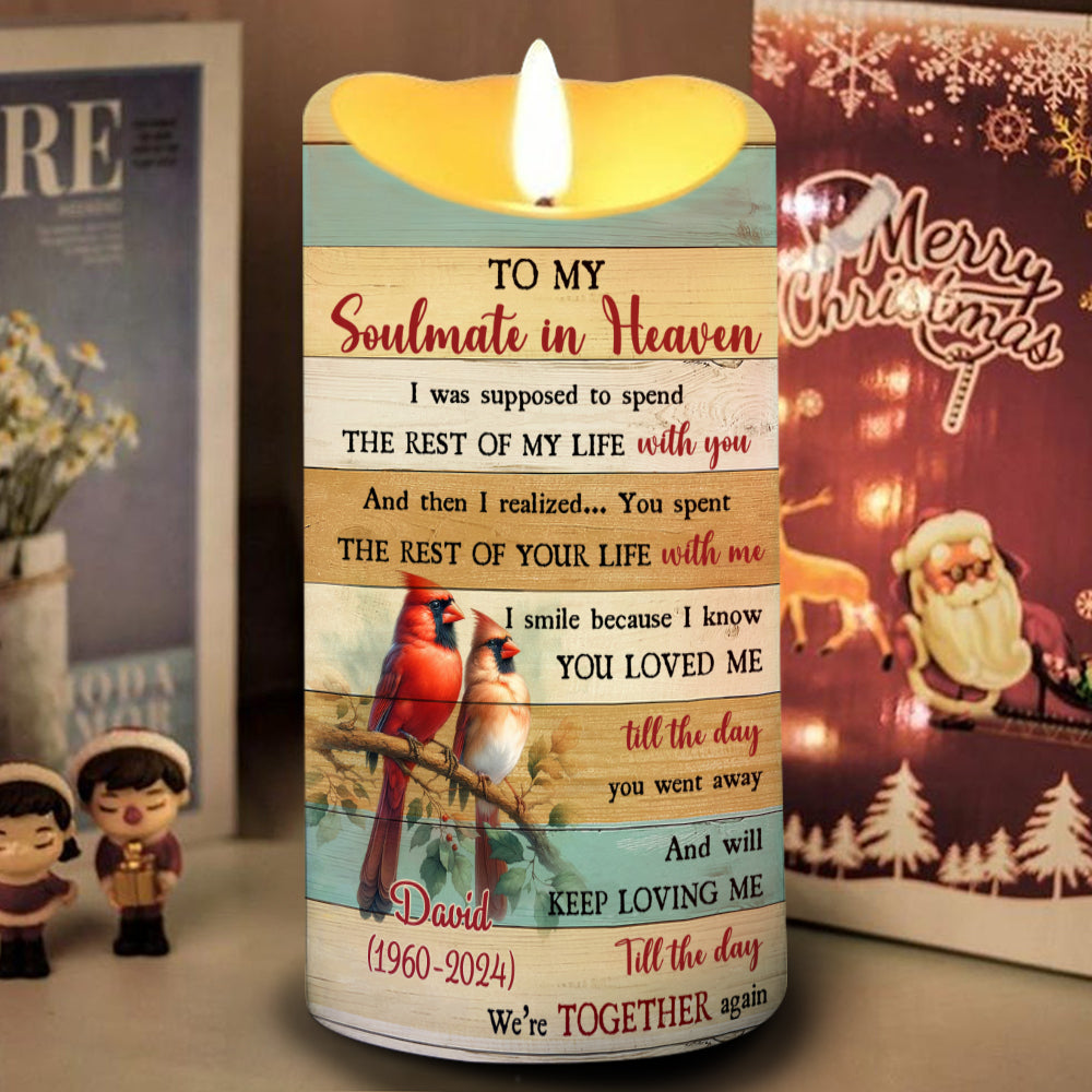 Teesdily | Customized Memorial Family Led Candle, To My Soulmate In Heaven Flameless Candle, Memorial Gift, Keepsake Gift