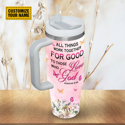 Teesdily | Customized Floral Butterfly Romans 8 28 Tumbler, All Things Work Together Travel Cup, Christian Gift For Girls 40oz Tumbler