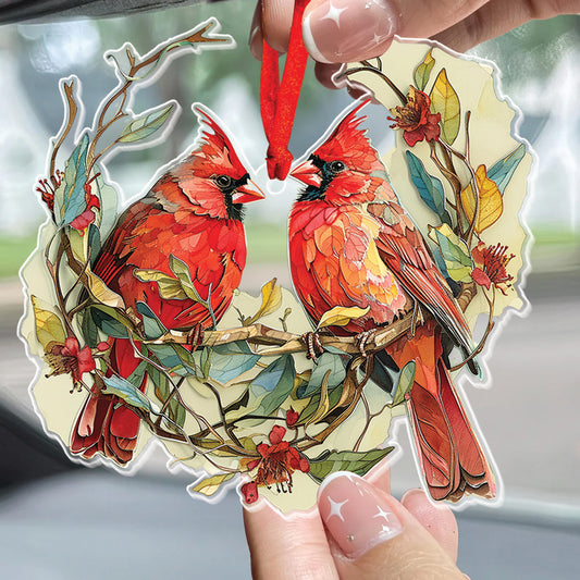 Teesdily | Couple Cardinal Stained Glass Printed Acrylic Ornament, Christmas Cardinal Ornament Plastic, Christmas Gift Decor Home