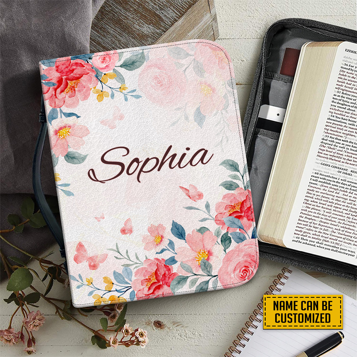 Teesdily | Christian Customized Bible Cover Rose Watercolor Print Leather Bible Cover Delight Yourself In The Lord Bible Carrying Case For Women