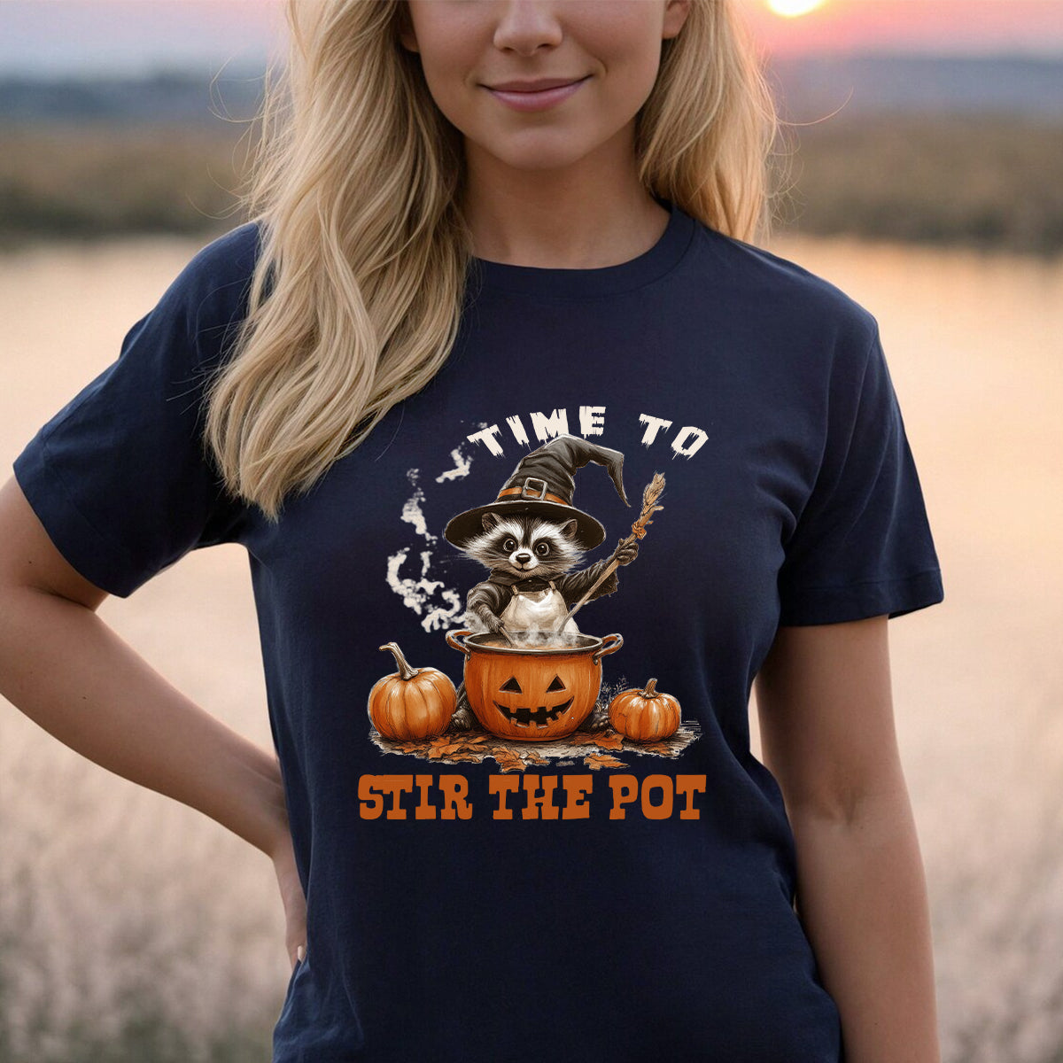 Teesdily | Time To Stir The Pot Witch Halloween Shirt, Funny Raccoon Witch Retro Halloween Sweatshirt, Spooky Season Hoodie Mug Gift