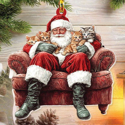 Teesdily | Santa Kittens On Sofa Ornament Christmas, Santa Claus With Cats Ornament, Cat Mom Cat Christmas Ornament, Xmas Gift