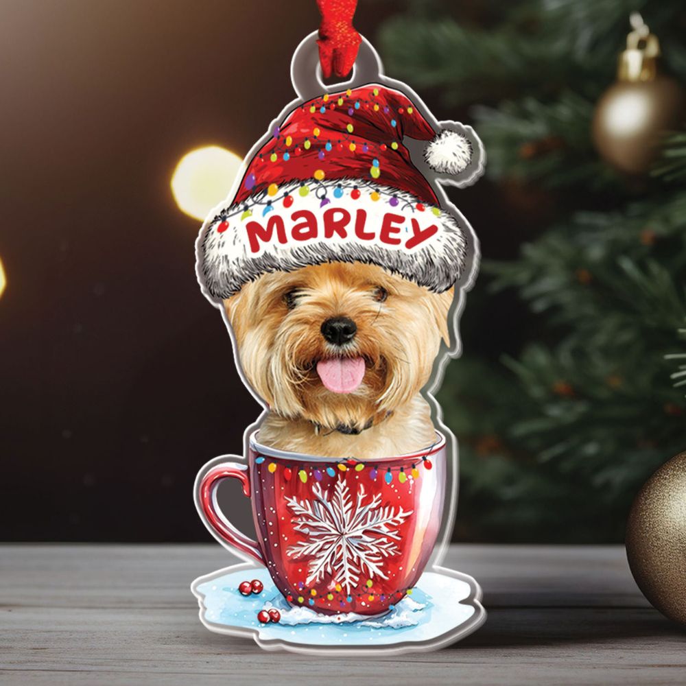 Teesdily | Customized Dog On The Cup Christmas Ornament, Cat Ornament Christmas, Dog Mom, Dog Lover Gift, Christmas Decoration