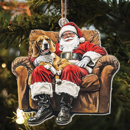 Teesdily | Santa Beagles Ornament Christmas, Santa Claus Dog On Sofa 2D Acrylic Ornament Hanging Decor, Dog Mom Christmas Gift