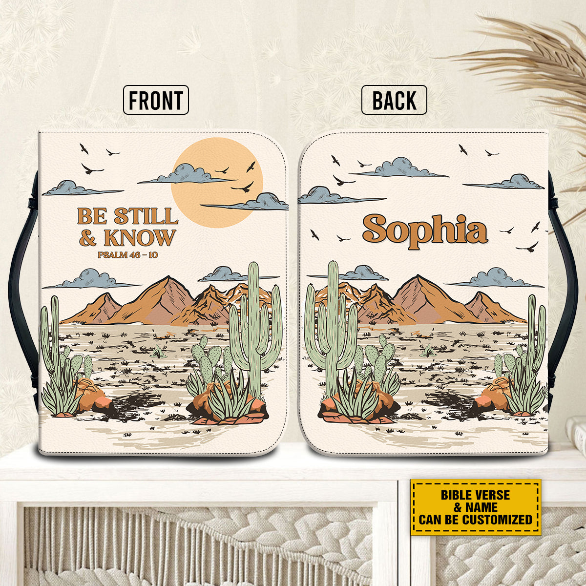 Teesdily | Personalized Desert Cactus Bible Study, Be Still And Know That I Am God Bible Book Cover, Christian Cowboy Cowgirl Bible Cover With Handle