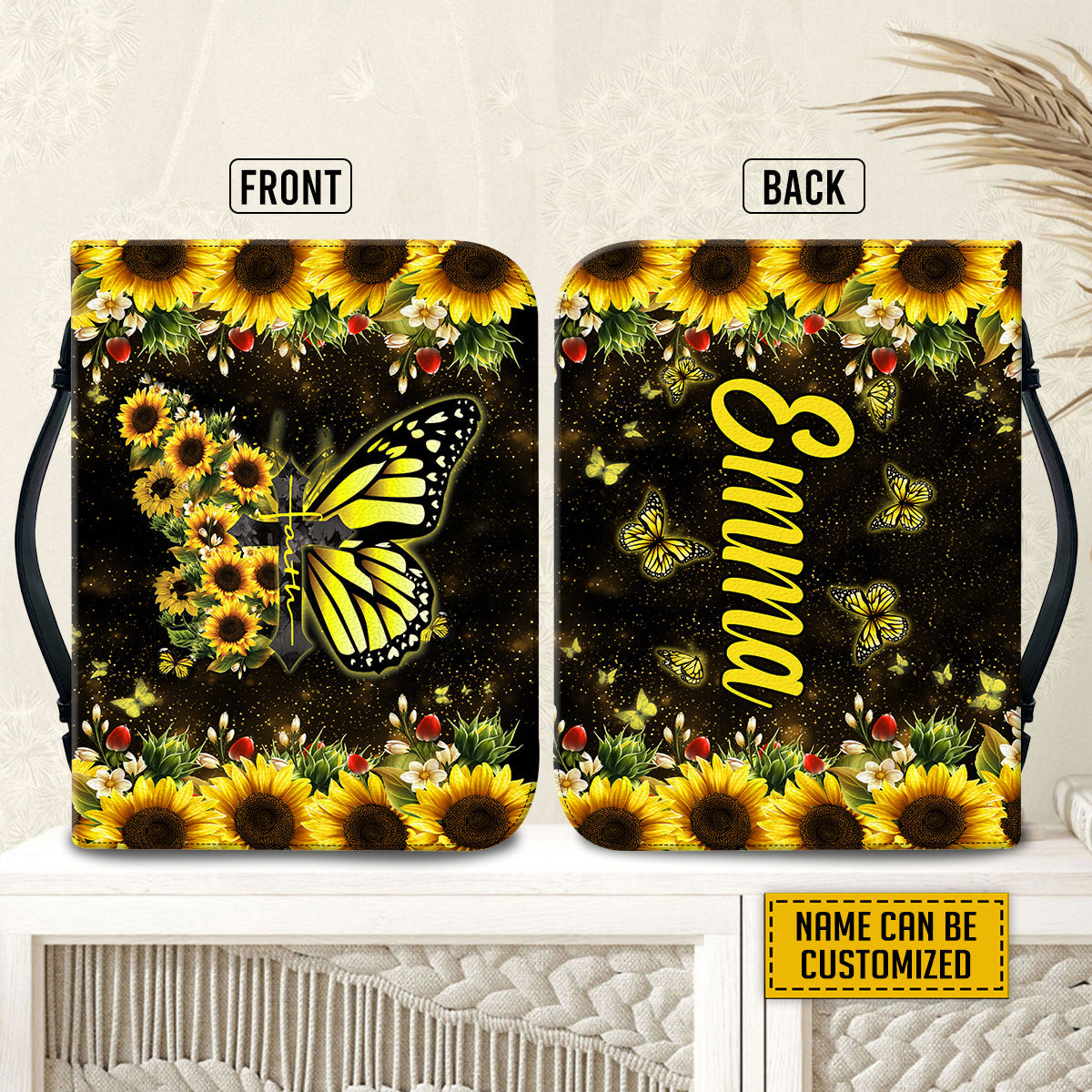 Teesdily | Customized Sunflower Butterfly Bible Book Cover, Jesus Faith Bible Carrier, Christian Bible Purse, God Believer Bible Holder Gifts