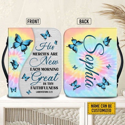 Teesdily | Personalized Butterfly Tie Dye Bible Study, His Mercies Are New Each Morning, Hippie Bible Holder, God Believer Bible Cover With Handle