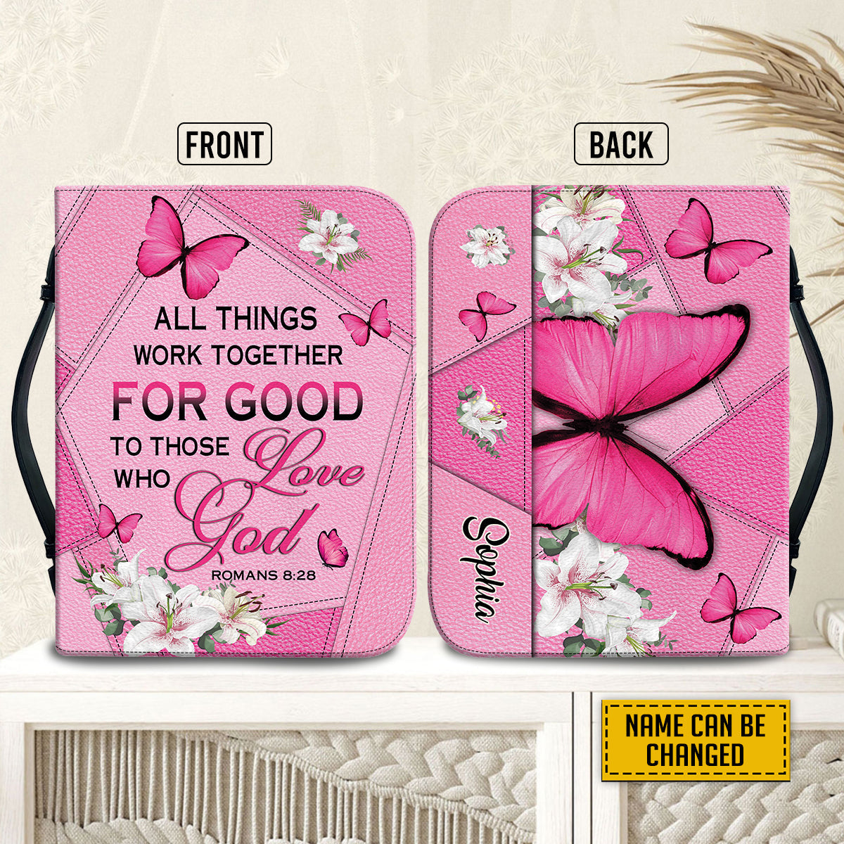 Teesdily | Personalized Butterfly Lilies Bible Case Pink, All Things Work Together For Good Bible Cover, Bible Covers For Girls, Bible Accessories