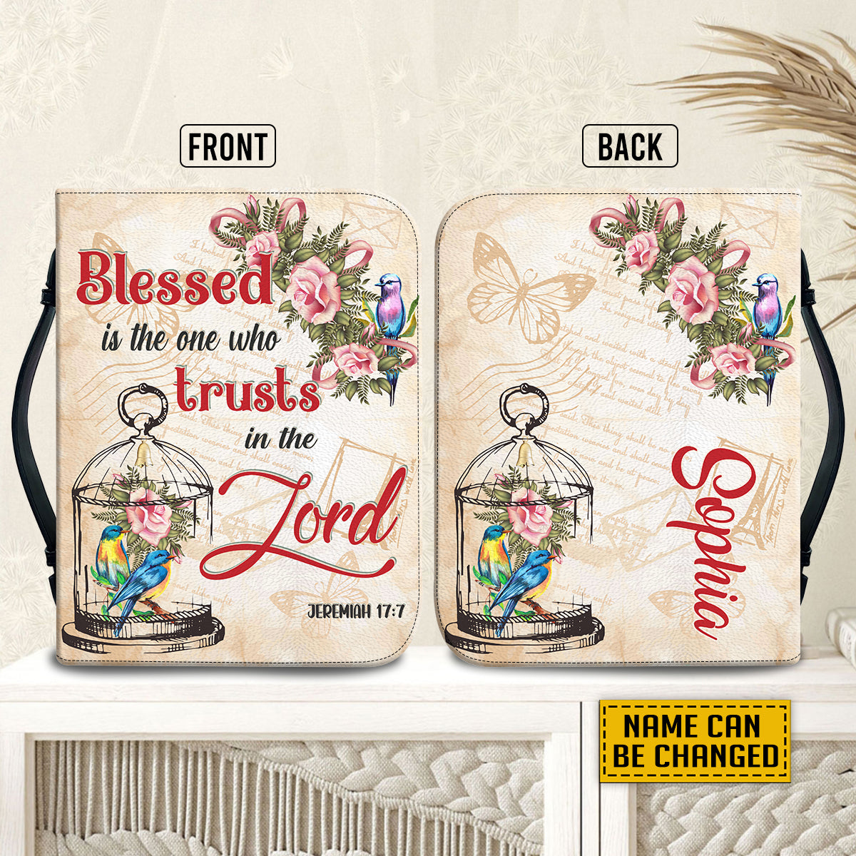Teesdily | Personalized Roses Hummingbird Vintage Bible Bags, Blessed Is One Who Trusts In The Lord Bible Case, Christian Bible Cover With Handle
