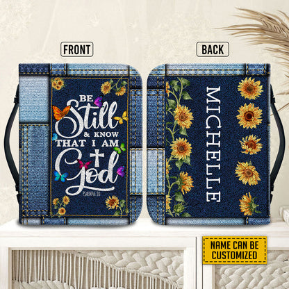 Teesdily | Sunflower Jean Print Personalized Bible Cover, Be Still And Know That I Am God Bible Cases, Christian Women Gifts, Bible Cover With Handle