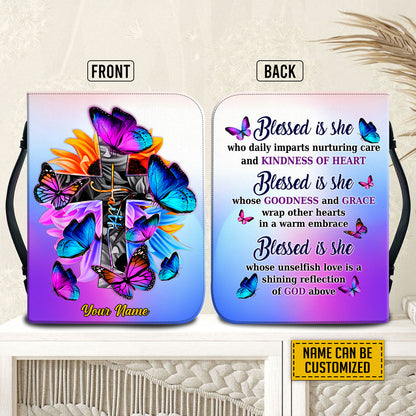 Teesdily | Customized Jesus Blessed Is She Bible Case, God Faith Bible Study, Butterfly Bible Carrier, Christian Jesus Lover Bible Cover With Handle